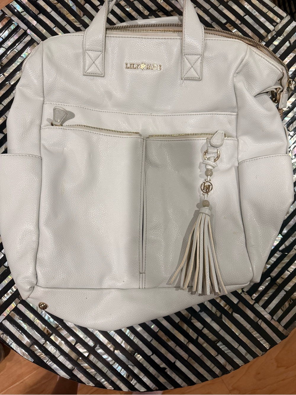 Lily Jade White Leather Backpack diaper bag with Tassel Charm (Caroline Model)